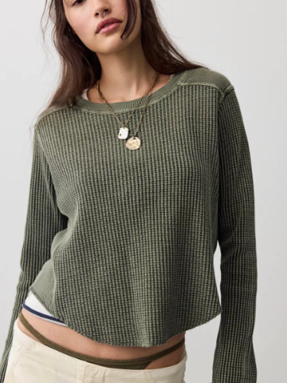 Waffle-Knit Long Sleeve Tee in Olive Green
